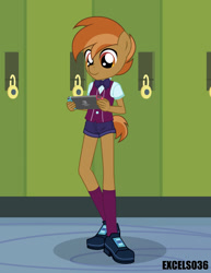 Size: 612x792 | Tagged: safe, alternate version, artist:excelso36, button mash, earth pony, anthro, plantigrade anthro, equestria girls, g4, bowtie, canterlot high, clothes, crystal prep academy uniform, lockers, nintendo switch, playing, school, school uniform, shoes, socks, solo, video game