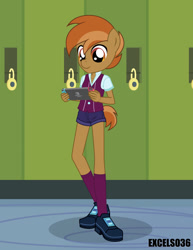 Size: 612x792 | Tagged: safe, alternate version, artist:excelso36, button mash, earth pony, anthro, plantigrade anthro, equestria girls, g4, canterlot high, clothes, crystal prep academy uniform, lockers, nintendo switch, playing, school, school uniform, shoes, socks, solo, video game