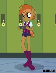Size: 612x792 | Tagged: safe, alternate version, artist:excelso36, button mash, earth pony, anthro, plantigrade anthro, equestria girls, g4, bowtie, canterlot high, clothes, crystal prep academy uniform, lockers, nintendo switch, playing, school, school uniform, socks, solo, stocking feet, video game