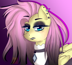 Size: 1395x1260 | Tagged: safe, artist:vainearts, fluttershy, pegasus, pony, g4, fangs, female, fluttergoth, makeup, mare, original art, piercing, shadow, solo