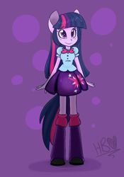 Size: 500x714 | Tagged: safe, artist:heartbeat420, twilight sparkle, equestria girls, g4, cute, female, long hair, ponied up, pony ears, purple background, signature, simple background, solo
