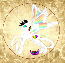Size: 1977x1937 | Tagged: safe, artist:schokocream, oc, oc only, oc:lightning bliss, alicorn, pony, abstract background, alicorn oc, colored wings, female, horn, mare, multicolored wings, rainbow wings, raised hoof, solo, wings