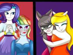 Size: 1024x768 | Tagged: safe, artist:hwers, rainbow dash, rarity, anthro, equestria girls, g4, angry, animaniacs, annoyed, blushing, bracelet, bust, clothes, dress, female, hape, hug, jewelry, latex dress, lipstick, makeup, personal space invasion, rainbow dash always dresses in style, red lipstick, smiling, tomboy taming