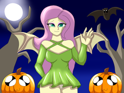 Size: 1024x768 | Tagged: safe, artist:hwers, fluttershy, bat, bat pony, equestria girls, g4, bat ponified, breasts, busty fluttershy, clothes, costume, female, flutterbat, full moon, halloween, halloween costume, holiday, jack-o-lantern, legs together, moon, night, pumpkin, race swap, skirt, smiling, solo, spread wings, tree, waving, wings