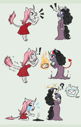 Size: 520x820 | Tagged: safe, artist:askbubblelee, oc, oc only, oc:rosie quartz, oc:starling quartz, anthro, unguligrade anthro, anthro oc, burning, clothes, comic, crying, devil horns, devil tail, digital art, dress, duo, envelope, female, laughing, mare, mother and child, mother and daughter