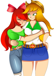 Size: 1240x1748 | Tagged: safe, artist:hwers, apple bloom, applejack, human, g4, bow, clothes, duo, eyes closed, female, hair bow, hat, humanized, older, older apple bloom, shorts, siblings, side hug, simple background, sisters, smiling, white background