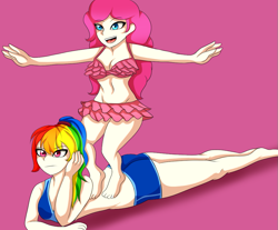 Size: 921x762 | Tagged: safe, artist:hwers, pinkie pie, rainbow dash, human, g4, barefoot, bra, clothes, duo, feet, humanized, pink background, shorts, simple background, skirt, smiling, underwear