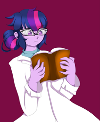 Size: 2407x2932 | Tagged: safe, artist:hwers, sci-twi, twilight sparkle, equestria girls, g4, 2019, book, clothes, female, glasses, high res, lab coat, nerd, purple background, reading, simple background, solo