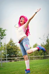 Size: 1365x2048 | Tagged: safe, artist:sarahndipity cosplay, pinkie pie, human, equestria girls, g4, my little pony equestria girls: legend of everfree, bracelet, clothes, cosplay, costume, irl, irl human, jewelry, open mouth, photo, raised leg