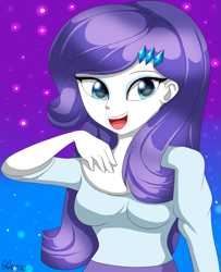Size: 1107x1360 | Tagged: safe, artist:hwers, rarity, equestria girls, g4, :d, abstract background, bust, clothes, eyelashes, female, hairclip, open mouth, signature, smiling, solo