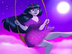 Size: 2048x1556 | Tagged: safe, artist:hwers, twilight sparkle, equestria girls, g4, clothes, cloud, dress, female, full moon, moon, night, open mouth, outdoors, smiling, solo, stars, swing