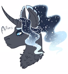 Size: 1878x2048 | Tagged: safe, alternate version, artist:eperyton, oc, oc only, oc:artemis, pony, bust, chest fluff, curved horn, ear fluff, ethereal mane, frown, horn, interspecies offspring, offspring, parent:oc:daedalus ravenwing, parent:princess luna, parents:canon x oc, simple background, solo, starry mane, white background