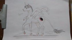 Size: 2048x1152 | Tagged: safe, artist:júlia alves veronez, oc, oc only, oc:deimos, alicorn, bat pony, bat pony alicorn, pony, bat pony oc, bat wings, horn, leonine tail, male, solo, stallion, traditional art, wings