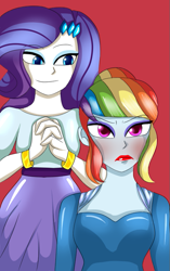 Size: 467x745 | Tagged: safe, artist:hwers, edit, rainbow dash, rarity, equestria girls, g4, alternate hairstyle, annoyed, blushing, bracelet, bust, clothes, cropped, dress, female, jewelry, latex dress, lipstick, makeup, rainbow dash always dresses in style, red lipstick, smiling, tomboy taming