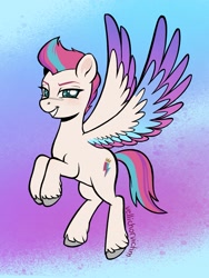 Size: 1521x2021 | Tagged: safe, artist:robin easter, artist:vellichorvictim, zipp storm, pegasus, pony, g5, my little pony: a new generation, colored wings, digital art, eyebrows, female, flying, gradient background, mare, multicolored wings, smiling, solo, toothy grin, unshorn fetlocks, wings