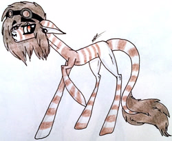 Size: 2318x1912 | Tagged: safe, artist:beamybutt, oc, oc only, earth pony, pony, earth pony oc, goggles, leonine tail, male, raised hoof, signature, solo, stallion, traditional art