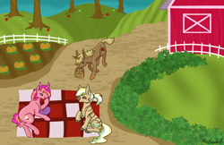 Size: 2637x1714 | Tagged: safe, artist:misskanabelle, oc, oc only, earth pony, pony, unicorn, barn, basket, earth pony oc, high res, horn, looking at each other, outdoors, picnic basket, picnic blanket, signature, sitting, smiling, smiling at each other, unicorn oc