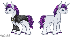 Size: 1830x944 | Tagged: safe, artist:misskanabelle, oc, oc only, pony, unicorn, armor, duo, horn, male, offspring, parent:fleur-de-lis, parent:shining armor, parents:fleurarmor, signature, simple background, stallion, unicorn oc, white background