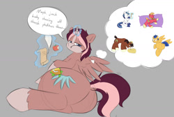 Size: 1280x865 | Tagged: safe, artist:taurson, oc, oc:king speedy hooves, alicorn, clydesdale, earth pony, pegasus, pony, unicorn, alicorn oc, apple, butt, commissioner:bigonionbean, dialogue, eating, extra thicc, flank, food, fruit, fusion, fusion:big macintosh, fusion:flash sentry, fusion:shining armor, fusion:trouble shoes, herbivore, horn, large butt, looking at you, lying down, magic, male, plot, royalty, scroll, sleeping, stallion, thought bubble, wings, writer:bigonionbean