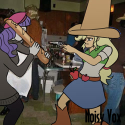 Size: 477x477 | Tagged: safe, artist:noisyvox, applejack, rarity, equestria girls, g4, baguette, bread, equestria girls-ified, food, gun, meme, photo, ten gallon hat, weapon