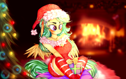 Size: 4758x3000 | Tagged: safe, artist:chrysgalaxy, oc, oc only, pegasus, anthro, blushing, christmas, christmas lights, christmas tree, clothes, female, fireplace, hat, holiday, indoors, pegasus oc, present, santa hat, sitting, smiling, solo, stockings, thigh highs, tree
