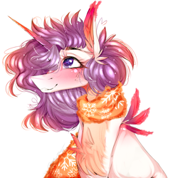Size: 1968x2000 | Tagged: safe, artist:chrysgalaxy, oc, oc only, pony, unicorn, blushing, bust, chest fluff, clothes, ear fluff, eyelashes, hair over one eye, horn, scarf, simple background, smiling, solo, unicorn oc, white background