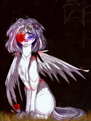 Size: 1500x2000 | Tagged: safe, artist:chrysgalaxy, oc, oc only, pegasus, pony, female, flower, hanahaki disease, mare, one wing out, pegasus oc, sitting, solo, wings