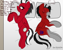 Size: 3844x3030 | Tagged: safe, artist:small-brooke1998, oc, pegasus, pony, ..., bags under eyes, bed, decepticon, duality, duo, eyes closed, female, freckles, high res, lying down, ponified, shatter (transformers), sleeping, text, thought bubble, tired, transformers