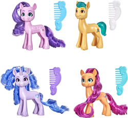 Size: 800x740 | Tagged: safe, hitch trailblazer, izzy moonbow, pipp petals, sunny starscout, earth pony, pegasus, pony, unicorn, g5, official, brushable, comb, fail, female, male, mare, one of these things is not like the others, skinny pipp, stallion, toy, you had one job