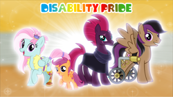 Size: 5360x3009 | Tagged: safe, artist:andoanimalia, fizzlepop berrytwist, kerfuffle, scootaloo, stellar eclipse, tempest shadow, pegasus, pony, unicorn, g4, absurd resolution, broken horn, disability, disability pride, female, filly, grin, horn, looking at you, male, mare, open mouth, open smile, positive body image, smiling, smiling at you, stallion, wing hole