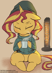 Size: 2480x3508 | Tagged: safe, artist:nire, sunset shimmer, pony, unicorn, g4, beanie, both cutie marks, chocolate, clothes, cozy, eyelashes, eyes closed, food, hat, heater, high res, hot chocolate, misleading thumbnail, puffy cheeks, sitting, sweater