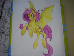 Size: 2048x1536 | Tagged: safe, artist:inquisidoras, fluttershy, bat pony, pony, g4, bat ponified, fangs, flutterbat, race swap, solo, spread wings, traditional art, wings