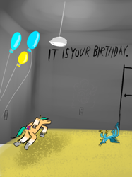 Size: 500x667 | Tagged: safe, artist:horsesplease, gallus, hitch trailblazer, pinkie pie, griffon, g4, g5, balloon, birthday, drunk, gallus the rooster, gallusposting, happy birthday, implied pinkie pie, it is your birthday, meme, ponified meme, rolling, sad, sad hitch, the office