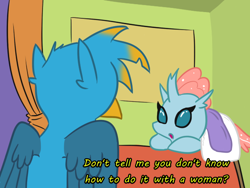 Size: 600x451 | Tagged: safe, artist:jargon scott, gallus, ocellus, changedling, changeling, griffon, g4, blanket, dialogue, duo, female, male, text