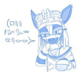 Size: 514x483 | Tagged: safe, artist:jargon scott, oc, oc only, oc:mummy pone, earth pony, pony, bluescale, egyptian, female, gibberish, hieroglyphics, hoof on chin, looking at you, mare, monochrome, mummy, simple background, solo, translated in the comments, white background