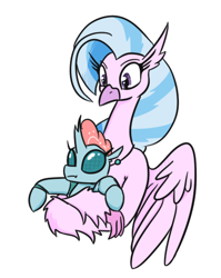 Size: 369x463 | Tagged: safe, artist:jargon scott, ocellus, silverstream, changedling, changeling, classical hippogriff, hippogriff, g4, beak, cute, diaocelles, diastreamies, duo, duo female, eyebrows, eyelashes, female, holding a changeling, hug, long neck, simple background, white background, wings