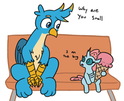 Size: 716x583 | Tagged: safe, artist:jargon scott, gallus, ocellus, changedling, changeling, griffon, g4, bench, cute, duo, female, food, ice cream, ice cream cone, male, simple background, sitting, size difference, smol, spongebob squarepants, white background