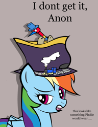 Size: 2411x3144 | Tagged: safe, artist:vareb, rainbow dash, pegasus, pony, g4, black outlines, close-up, confused, hat, high res, implied anon, looking left, solo, text, toy, train