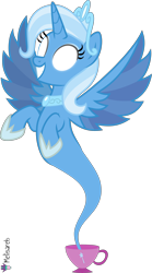 Size: 4000x7190 | Tagged: safe, alternate version, artist:melisareb, idw, trixie, alicorn, genie, genie pony, pony, g4, reflections, spoiler:comic, .svg available, absurd resolution, alicornified, crown, cup, eyeshadow, female, geniefied, glowing eyes, idw showified, jewelry, makeup, mare, princess of humility, race swap, regalia, simple background, smiling, solo, teacup, transparent background, trixiecorn, vector, wings, xk-class end-of-the-world scenario