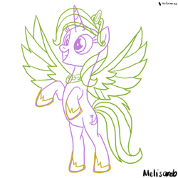 Size: 1500x1500 | Tagged: safe, artist:melisareb, idw, trixie, alicorn, pony, g4, alicornified, bipedal, crown, female, idw showified, jewelry, mare, race swap, rearing, regalia, simple background, sketch, smiling, solo, trixiecorn, white background, wings, wip, xk-class end-of-the-world scenario