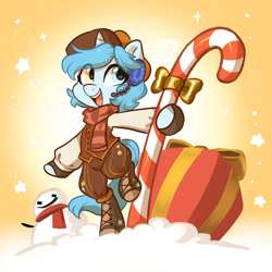 Size: 1500x1500 | Tagged: safe, artist:oofycolorful, oc, oc only, oc:otakulight, pony, candy, candy cane, clothes, food, headphones, heterochromia, present, scarf, snow, snowman, solo