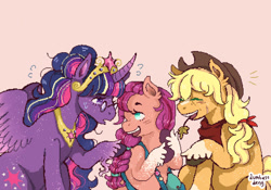 Size: 1280x897 | Tagged: safe, artist:artfreakdoctor16, applejack, sunny starscout, twilight sparkle, alicorn, earth pony, pony, g5, alternate hairstyle, blaze (coat marking), coat markings, colored hooves, facial markings, family, female, glasses, lesbian, mare, messy mane, peytral, pink background, rainbow power, ship:twijack, shipping, simple background, socks (coat markings), straw in mouth, sunny and her heroine, sweat, sweatdrop, twilight sparkle (alicorn), unshorn fetlocks