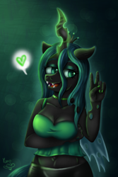 Size: 2800x4200 | Tagged: safe, artist:yumomochan, queen chrysalis, changeling, changeling queen, anthro, g4, breasts, busty queen chrysalis, crown, dark background, fangs, female, glowing, glowing horn, heart, horn, jewelry, lidded eyes, magic, mare, open mouth, peace sign, regalia, teeth