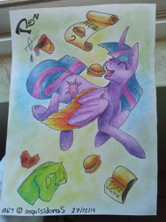 Size: 1944x2592 | Tagged: safe, artist:inquisidoras, twilight sparkle, alicorn, pony, g4, book, burger, colored wings, colored wingtips, drink, eyes closed, female, food, gradient wings, hay burger, mare, open mouth, scroll, soda, solo, traditional art, twilight burgkle, twilight sparkle (alicorn), wings