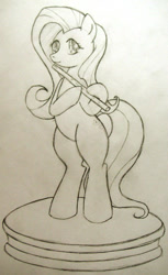 Size: 460x752 | Tagged: safe, artist:xapy, fluttershy, pegasus, pony, g4, bipedal, flute, grayscale, hoof hold, monochrome, musical instrument, pencil drawing, solo, traditional art, wingless