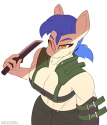 Size: 1713x2000 | Tagged: safe, artist:mopyr, oc, oc only, oc:camilia, anthro, breasts, cleavage, clothes, female, gloves, knife, looking at you, outfit, ponytail, scar, solo, sports bra, weapon