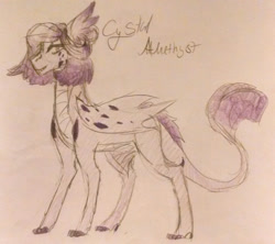 Size: 2018x1791 | Tagged: safe, artist:blairsinith313, oc, oc only, oc:crystal amethyst, dracony, hybrid, claws, ear fins, female, interspecies offspring, offspring, parent:rarity, parent:spike, parents:sparity, solo, traditional art, wings