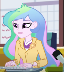 Size: 388x437 | Tagged: safe, screencap, princess celestia, principal celestia, equestria girls, equestria girls specials, g4, my little pony equestria girls: better together, my little pony equestria girls: holidays unwrapped, winter break-in, celestia's office, cropped, female, solo