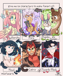 Size: 1280x1554 | Tagged: safe, artist:dreamkeeperuwu, fluttershy, butterfly, deer, human, pegasus, pony, rabbit, snake, g4, animal, asra, bambi, calcifer, catra, chest fluff, claws, disney, ear fluff, ear piercing, earring, fangs, female, fire, flower, howl, howl's moving castle, jewelry, male, mare, piercing, rose, sailor moon (series), she-ra, she-ra and the princesses of power, six fanarts, studio ghibli, the arcana, thumper (bambi), tuxedo mask