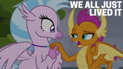 Size: 1280x720 | Tagged: safe, edit, edited screencap, editor:quoterific, screencap, silverstream, smolder, dragon, hippogriff, g4, school daze, season 8, dragon horns, dragoness, duo, duo female, fangs, female, holding hands, jewelry, open mouth, pendant, spread wings, wings